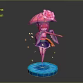 Game and Movie Character with Pink Umbrella Pink Hair Kimono Outfit Staff and Falling Petals