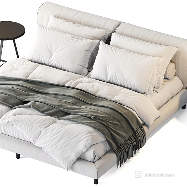 Modern Double Bed With White Pillows Soft Bedding And Dark Throw Blanket 3d model 