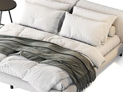 Modern Double Bed With White Pillows Soft Bedding And Dark Throw Blanket 3d model
