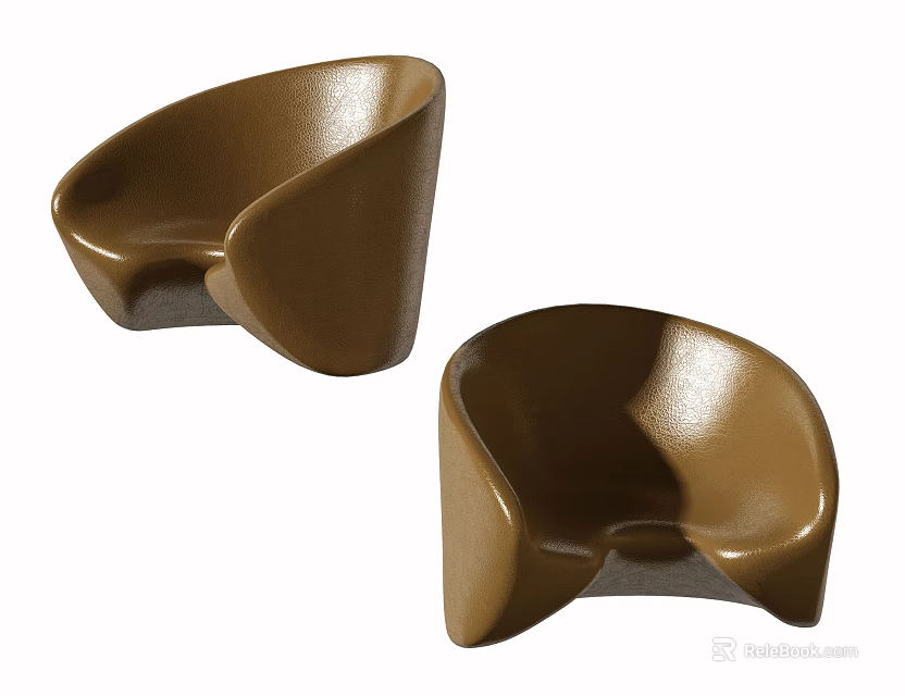 Two Brown Modern Single Sofas With Curved Design And Glossy Leather Finish 3d model