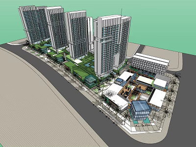 Modern High Rise Building Complex With Green Landscaping Public Plaza And Pedestrian Areas 3d model