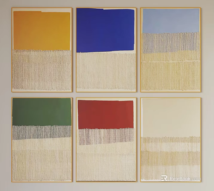 Six Framed Artworks Featuring Solid Color Tops And Textured Beige Bottoms 3d model 