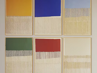Six Framed Artworks Featuring Solid Color Tops And Textured Beige Bottoms 3d model