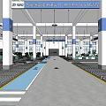 Spacious Industrial Factory Interior With White Pillars Blue Signs Hanging Equipment and Floor Lines