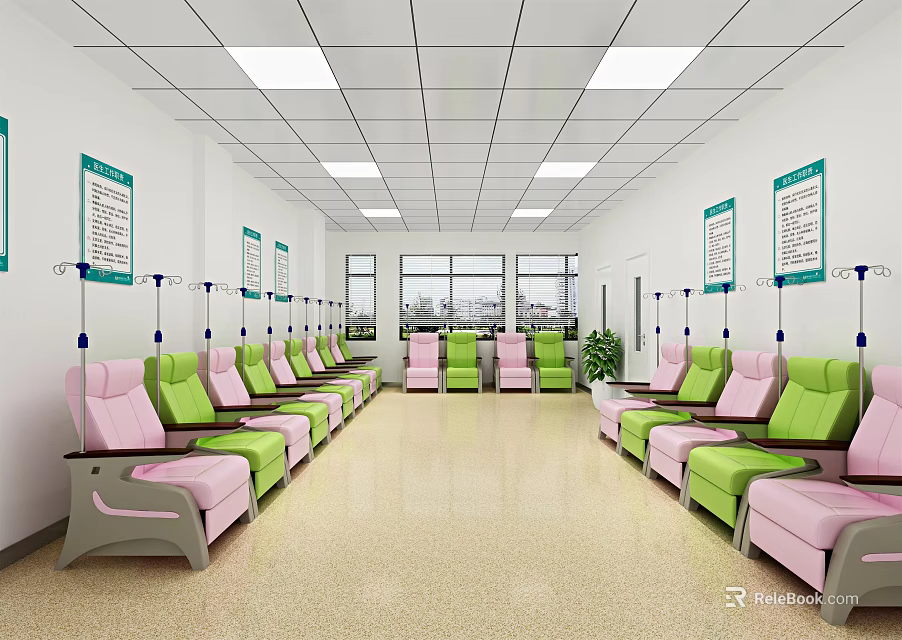 Infusion Room With Pink And Green Chairs Posters Windows Ceiling Lights And Plants 3d model 