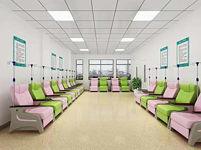 Infusion Room With Pink And Green Chairs Posters Windows Ceiling Lights And Plants 3d model
