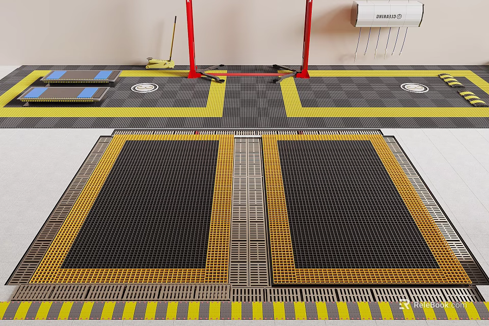 Industrial Workshop Floor With Black Grated Panels Yellow Stripes And Red Jacks 3d model 