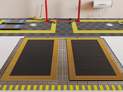 Industrial Workshop Floor With Black Grated Panels Yellow Stripes And Red Jacks 3d model