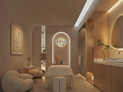 Modern Beauty Hair Salon Interior With Beige Sofas Treatment Bed Mirror Plants And Soft Lighting 3d model