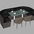 Modern Dark Sectional Sofa With Marble Dining Table And Light Colored Chairs In Interior 3d model