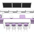 Modern Conference Table With Purple Padded Chairs TV Screen Cabinet And Small Round Tables