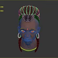 3D Head Model With Unique Black Hairstyle Large Hoop Earrings Gold Necklace And Facial Features