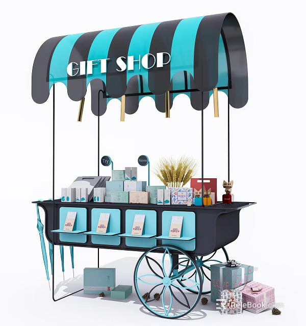 Gift Shop Mobile Cart With Blue Black Canopy And Gift Boxes Decorations 3d model 