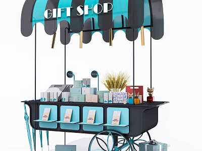 Gift Shop Mobile Cart With Blue Black Canopy And Gift Boxes Decorations 3d model