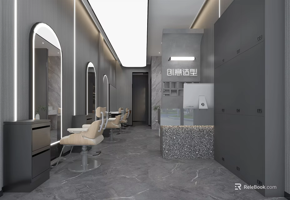 Modern Elegant Beauty Hair Salon Interior With Gray Walls Mirrors Stylish Chairs And Workstations 3d model 