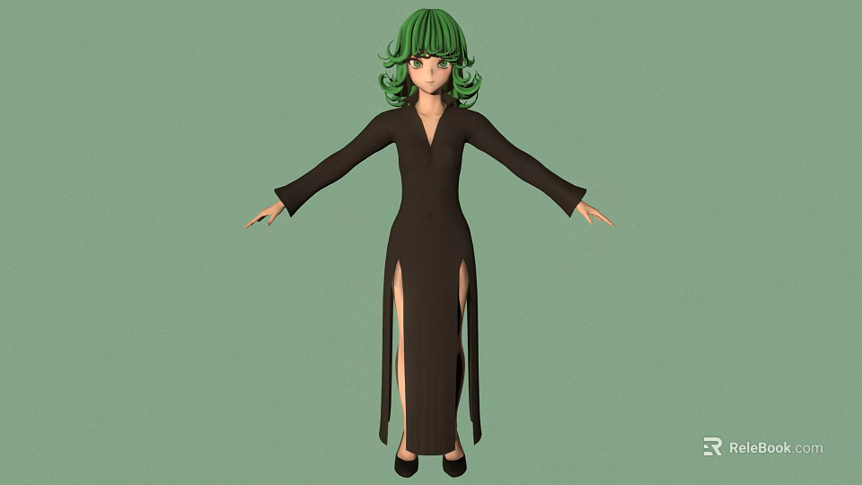 3D Green Haired Character In Black Slit Dress With Arms Outstretched On Green Background 3d model 