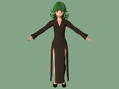 3D Green Haired Character In Black Slit Dress With Arms Outstretched On Green Background 3d model