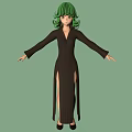 3D Green Haired Character In Black Slit Dress With Arms Outstretched On Green Background