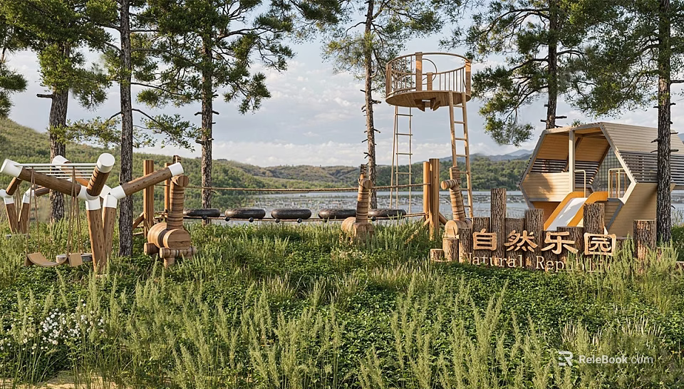 Natural Outdoor Kids Play Area With Wooden Tower Slide Lake And Mountain View 3d model 