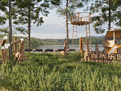 Natural Outdoor Kids Play Area With Wooden Tower Slide Lake And Mountain View 3d model