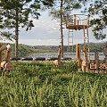 Natural Outdoor Kids Play Area With Wooden Tower Slide Lake And Mountain View