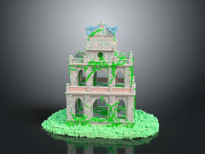 Scenic Vintage Building Covered in Vines with Arched Windows Blue Decorations and Green Grass 3d model