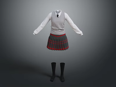 Girls School Uniform Set With White Shirt Grey Vest Tie Plaid Skirt And Black Socks 3d model