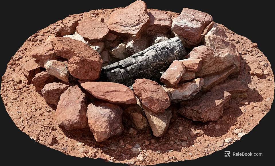 Natural Stone Circular Fire Pit Design With Charred Wood Center 3d model 