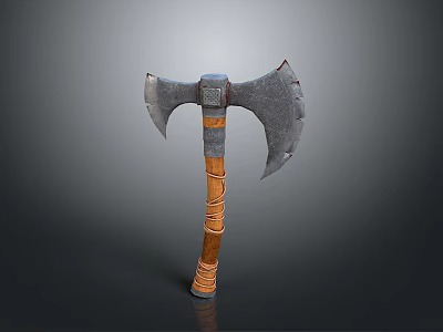 Traditional Battle Axe With Double Metal Blades And Wooden Textured Handle Design 3d model