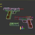 Vintage Metal Pistols With Wooden Grips Magazine And Bullets On Reflective Display Surface