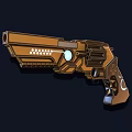 Sci Fi Style Gold And Black Pistols With Glowing Blue Components And Decorative Buttons
