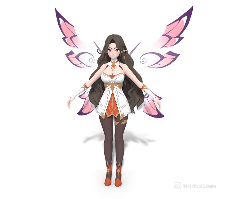 Fantasy Game Movie Character with Long Hair Pink Purple Wings and White Orange Outfit 3d model 