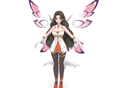 Fantasy Game Movie Character with Long Hair Pink Purple Wings and White Orange Outfit 3d model