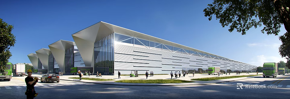 Modern Industrial Factory Building Featuring Glass Curtain Wall Metal Structure And People Under Blue Sky 3d model 