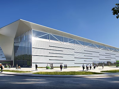 Modern Industrial Factory Building Featuring Glass Curtain Wall Metal Structure And People Under Blue Sky 3d model