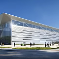 Modern Industrial Factory Building Featuring Glass Curtain Wall Metal Structure And People Under Blue Sky