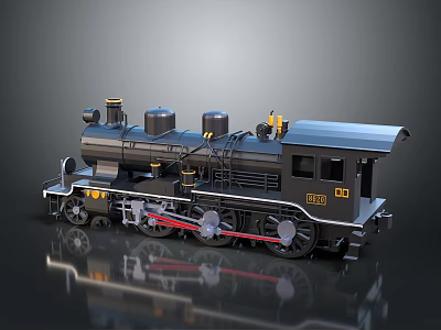 Black Steam Train Model With Yellow Details And Red Mechanical Parts On Gray Reflective Surface 3d model