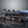 Black Steam Train Model With Yellow Details And Red Mechanical Parts On Gray Reflective Surface