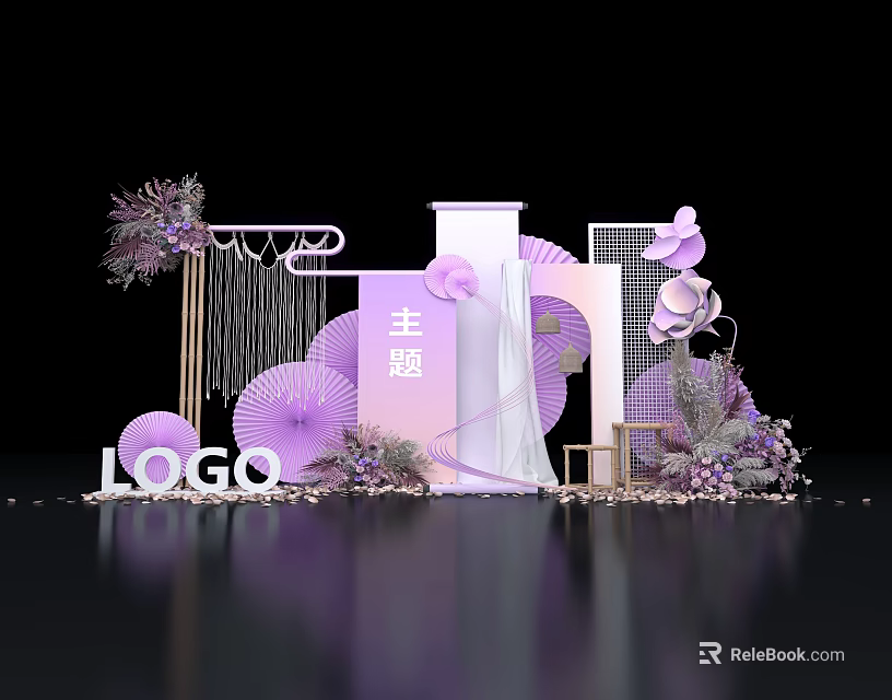 Purple Pink Themed Event Setup With Decorative Frames Fans Flowers And LOGO 3d model