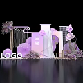 Purple Pink Themed Event Setup With Decorative Frames Fans Flowers And LOGO 3d model