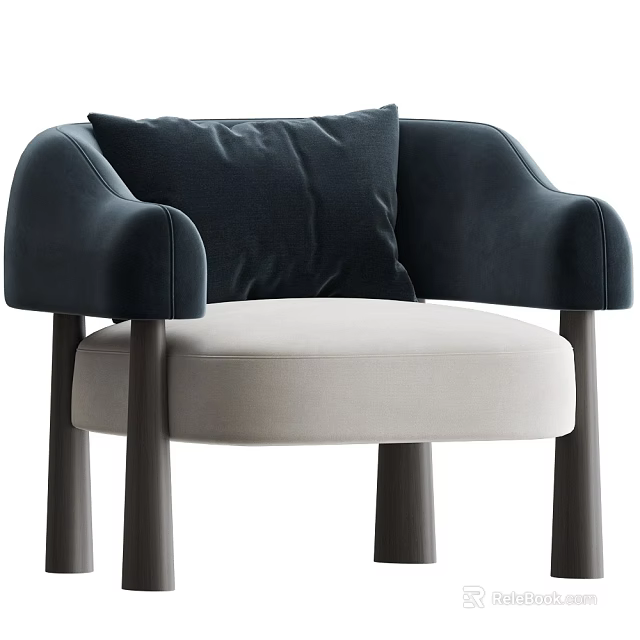 Stylish Accent Chair With Dark Blue Cushion Armrests Cream White Seat And Dark Wooden Legs 3d model 