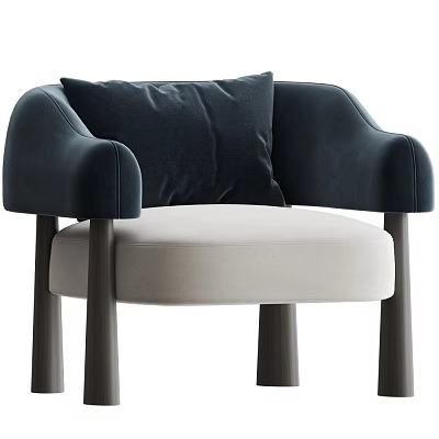 Stylish Accent Chair With Dark Blue Cushion Armrests Cream White Seat And Dark Wooden Legs 3d model