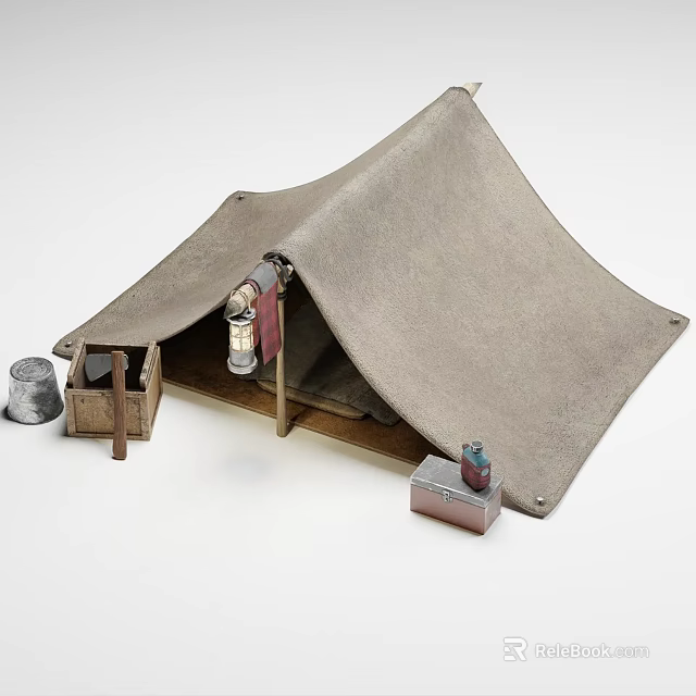 Open Canvas Camping Tent With Metal Bucket Wooden Crate And Small Items 3d model 