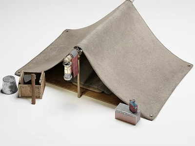 Open Canvas Camping Tent With Metal Bucket Wooden Crate And Small Items 3d model