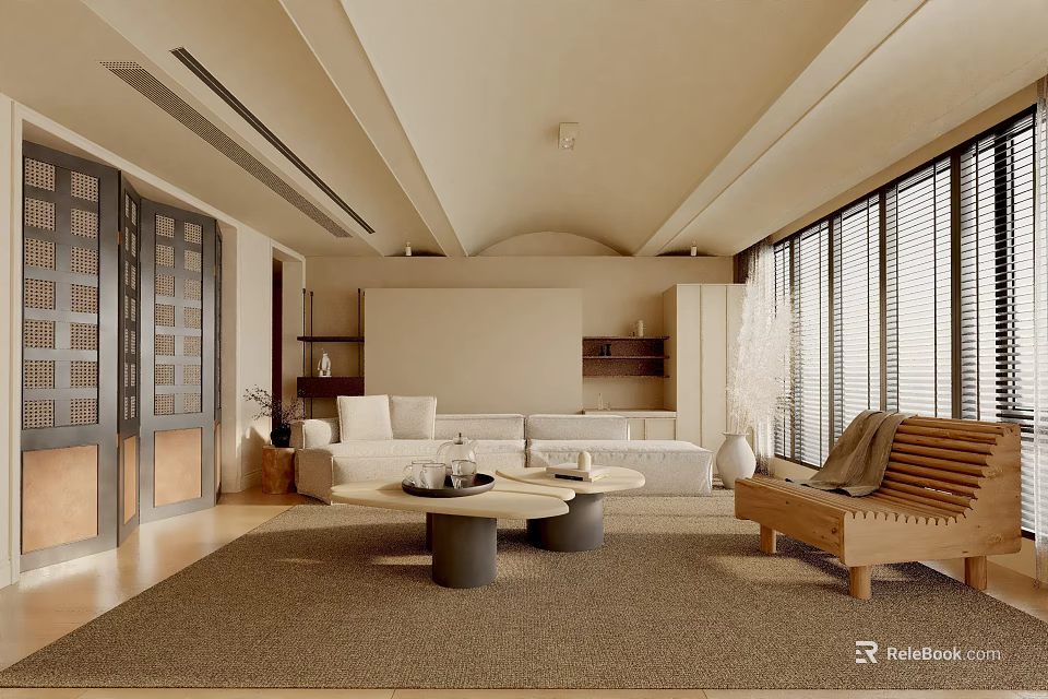 Elegant Modern Living Room Interior With Beige Sofa Round Coffee Tables And Wooden Bench 3d model 