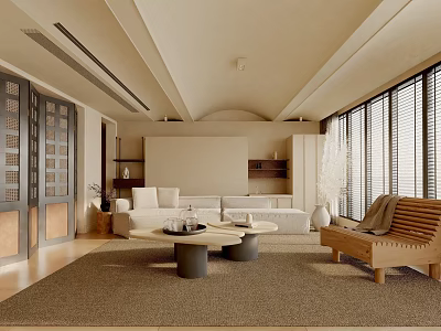 Elegant Modern Living Room Interior With Beige Sofa Round Coffee Tables And Wooden Bench 3d model