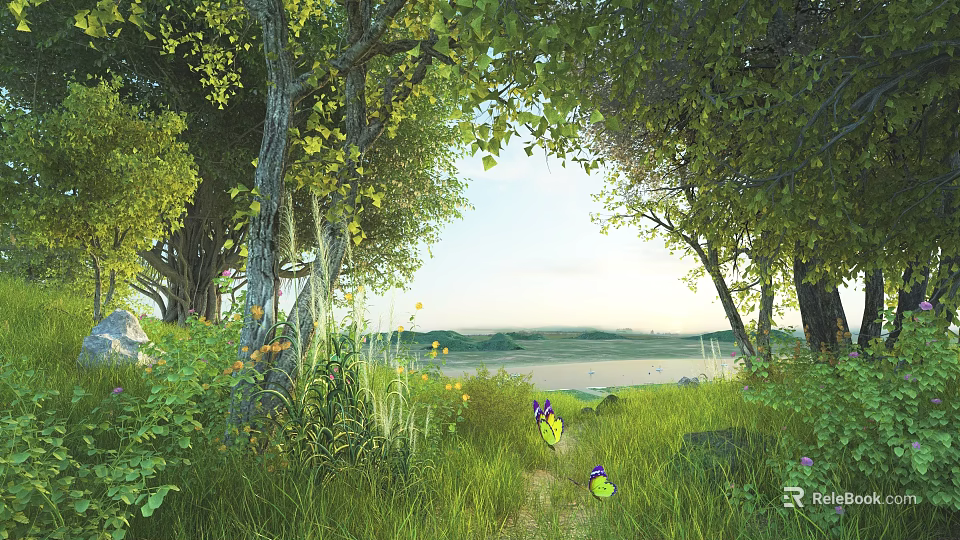 Serene Natural Landscape With Lush Trees Green Grass Path Butterflies And Lake View 3d model 