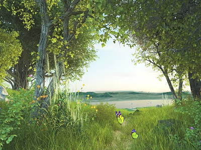 Serene Natural Landscape With Lush Trees Green Grass Path Butterflies And Lake View 3d model