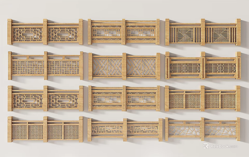 Diverse Traditional Wooden Fence Styles with Intricate Carvings and Lattice Patterns 3d model 