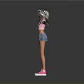 Anime Style 3D Girl Model With Pink Top Denim Skirt And Pink Sneakers